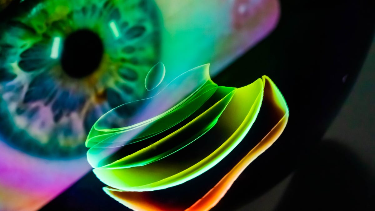 Collage of the Apple logo and a closeup photo of an eye