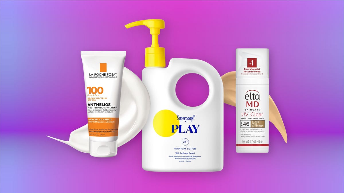 The La-Roche Posay, Supergoop, and Elta MD sunscreens over a purple background.