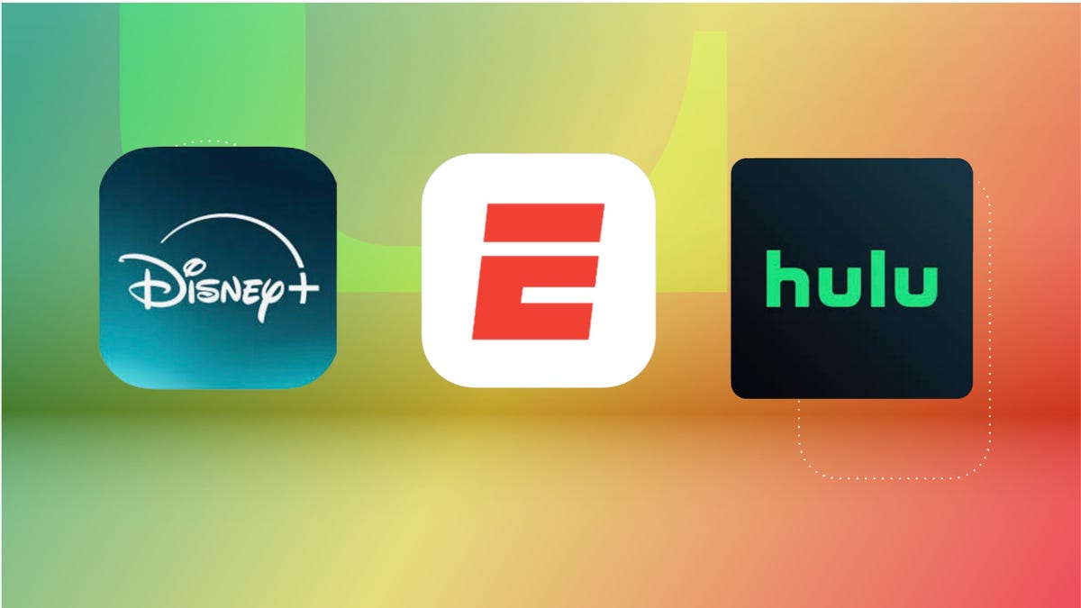 From left: Disney app in teal and white, ESPN app in red and white, Hulu app in neon green and black. Background: green, yellow and red gradient.