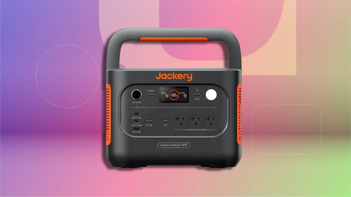 A Jackery power station on a CNET background.