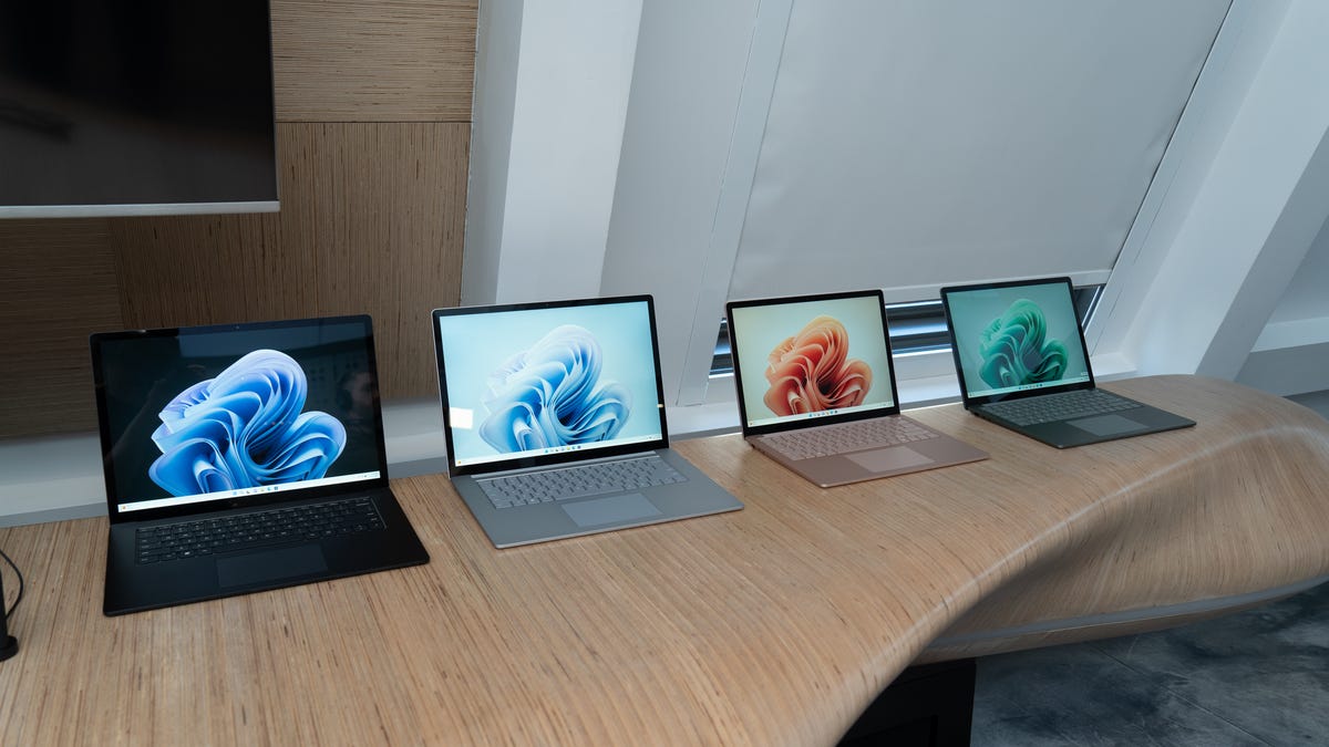 All four of the Surface Laptop 5 colors next to each other -- black, silver, rose gold and green