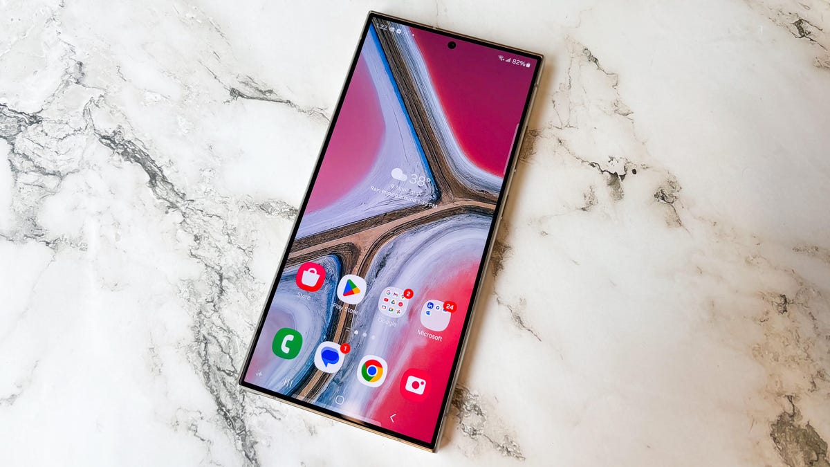 The Samsung Galaxy S24 Ultra from the front on a marble surface