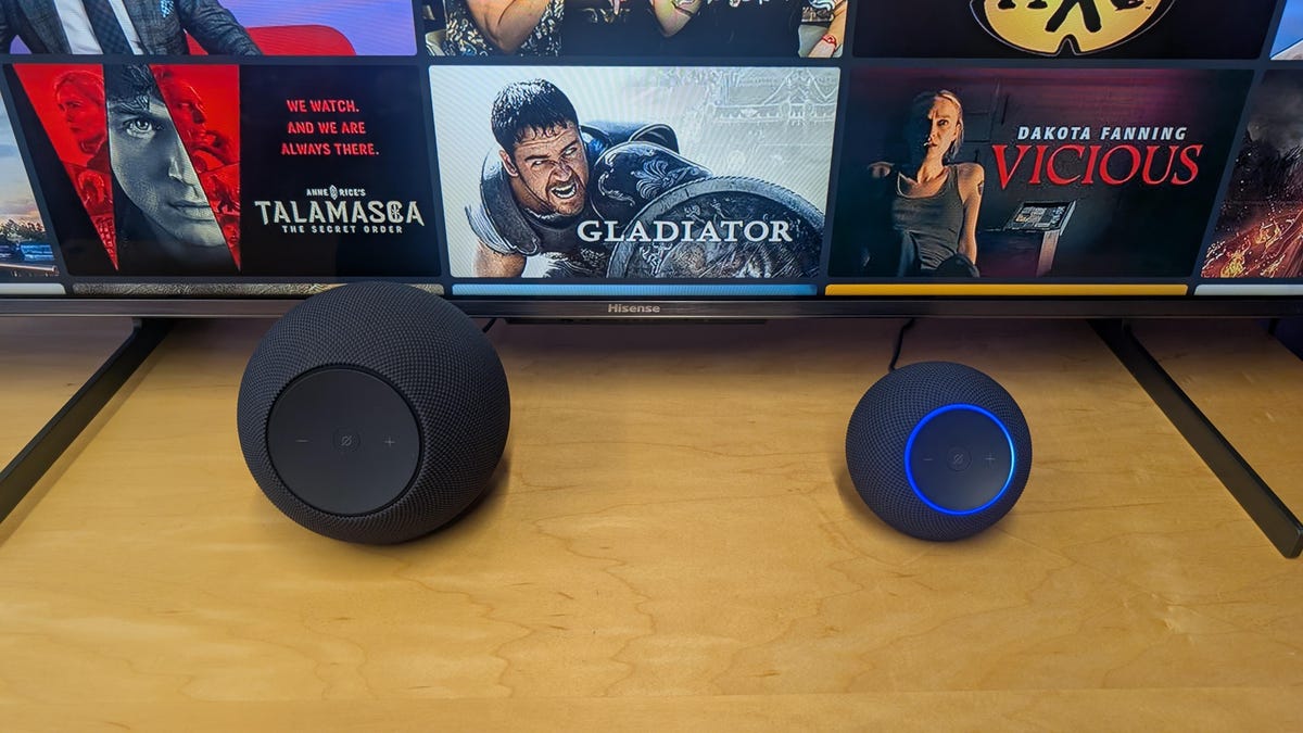Amazon Echo Studio and Echo Max on a table