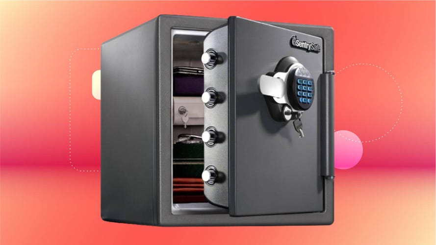 The SentrySafe safe against a CNET background