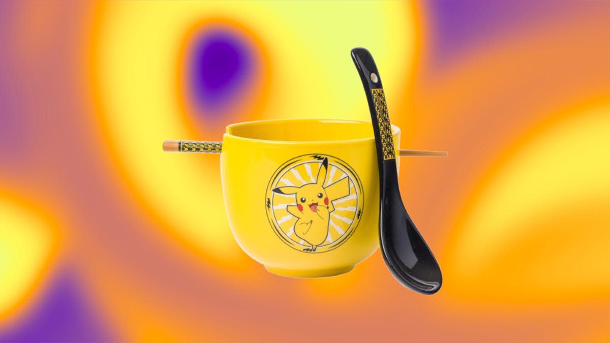 Shows the Pikachu Ceramic Ramen Bowl on a multicolored background.