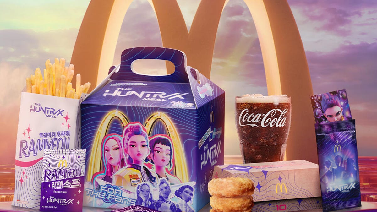 McDonald's KPop Demon Hunters meal shown in front of the Golden Arches logo.