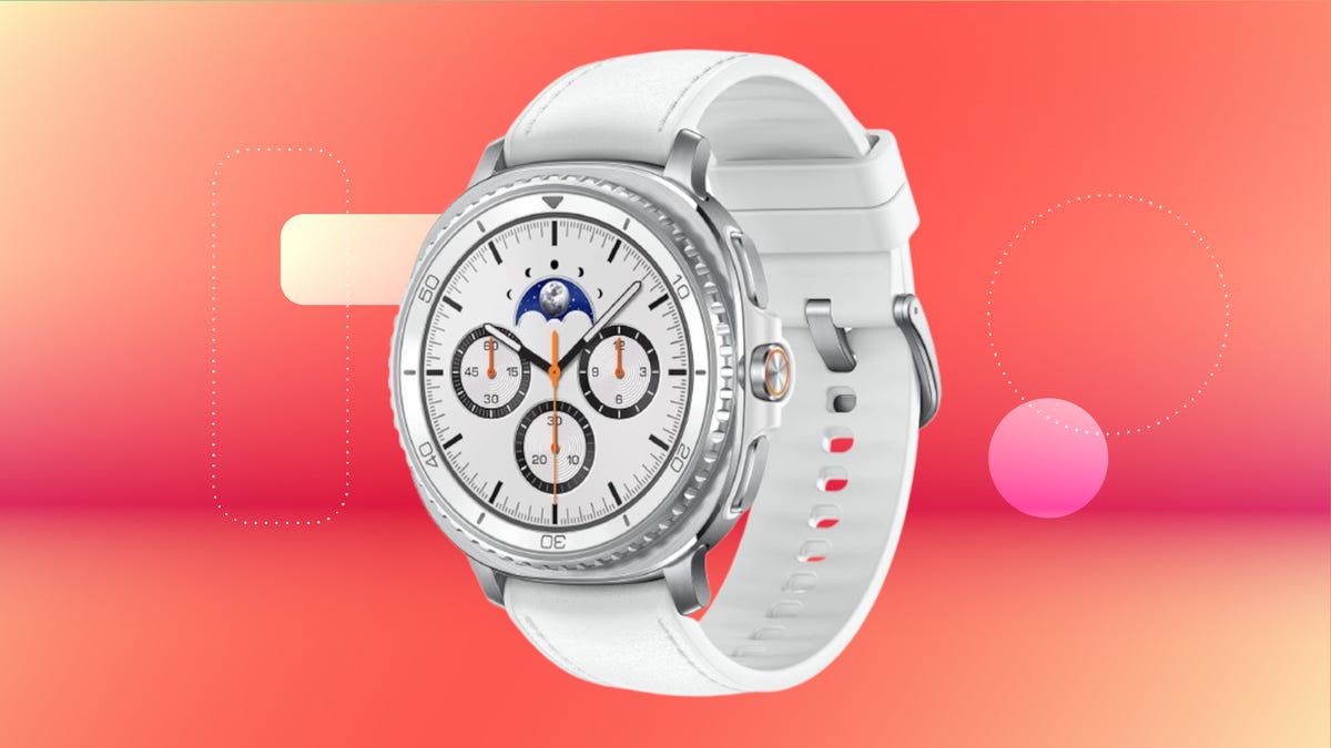 A white and silver smartwatch against an orange gradient CNET background.