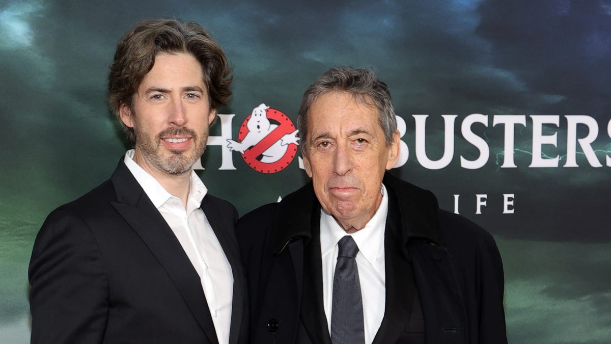 Film director Jason Reitman (L) and father Ivan Reitman attend the "Ghostbusters: Afterlife" New York Premiere at AMC Lincoln Square Theater on November 15, 2021 in New York City. (Photo by Mike Coppola/Getty Images)
