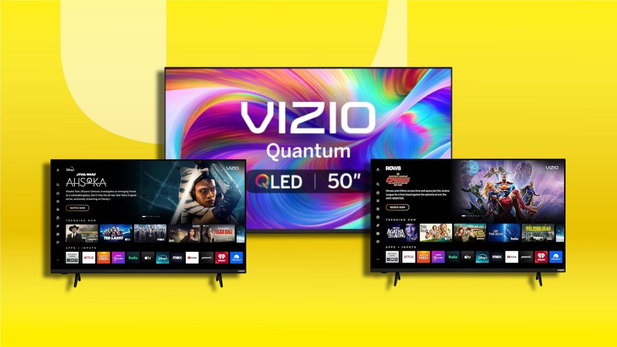 Three TVs on a bright yellow background