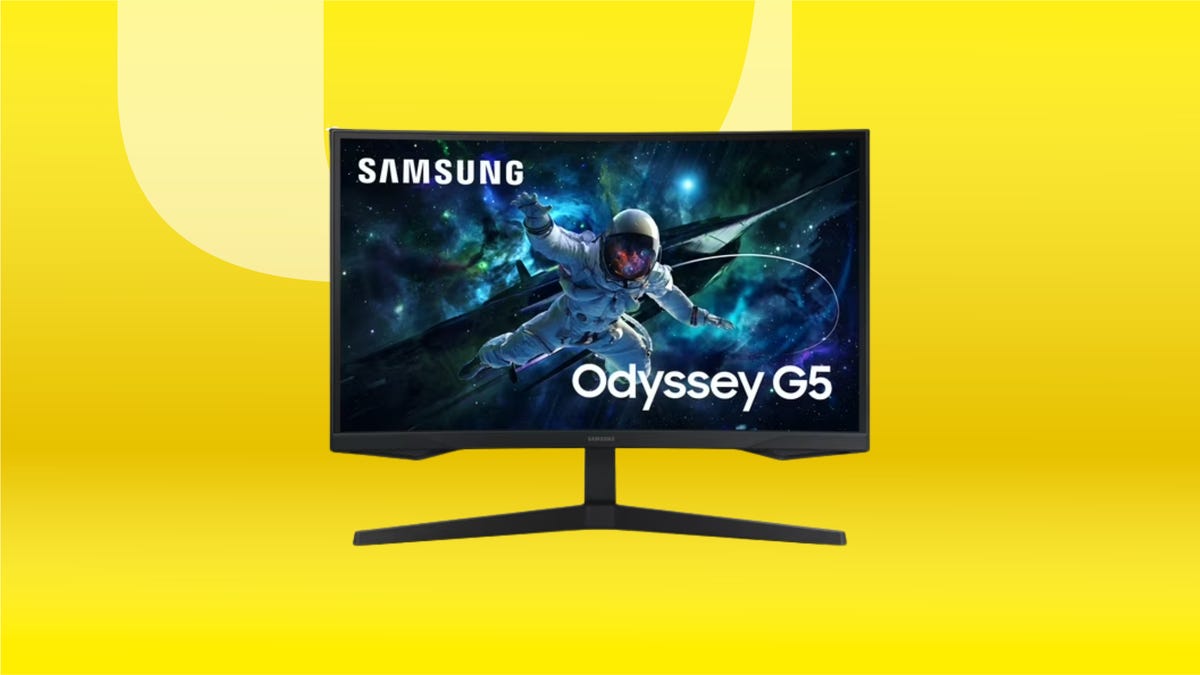 The Samsung Odyssey G5 curved gaming monitor is shown against a yellow background.