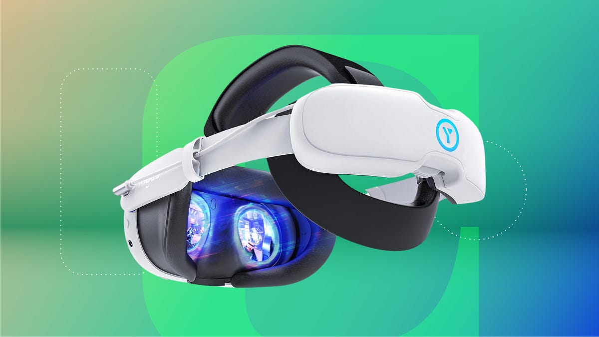 The Yoges 10,000mAh Meta Quest 3 battery head strap is displayed against a gradient green and blue background.