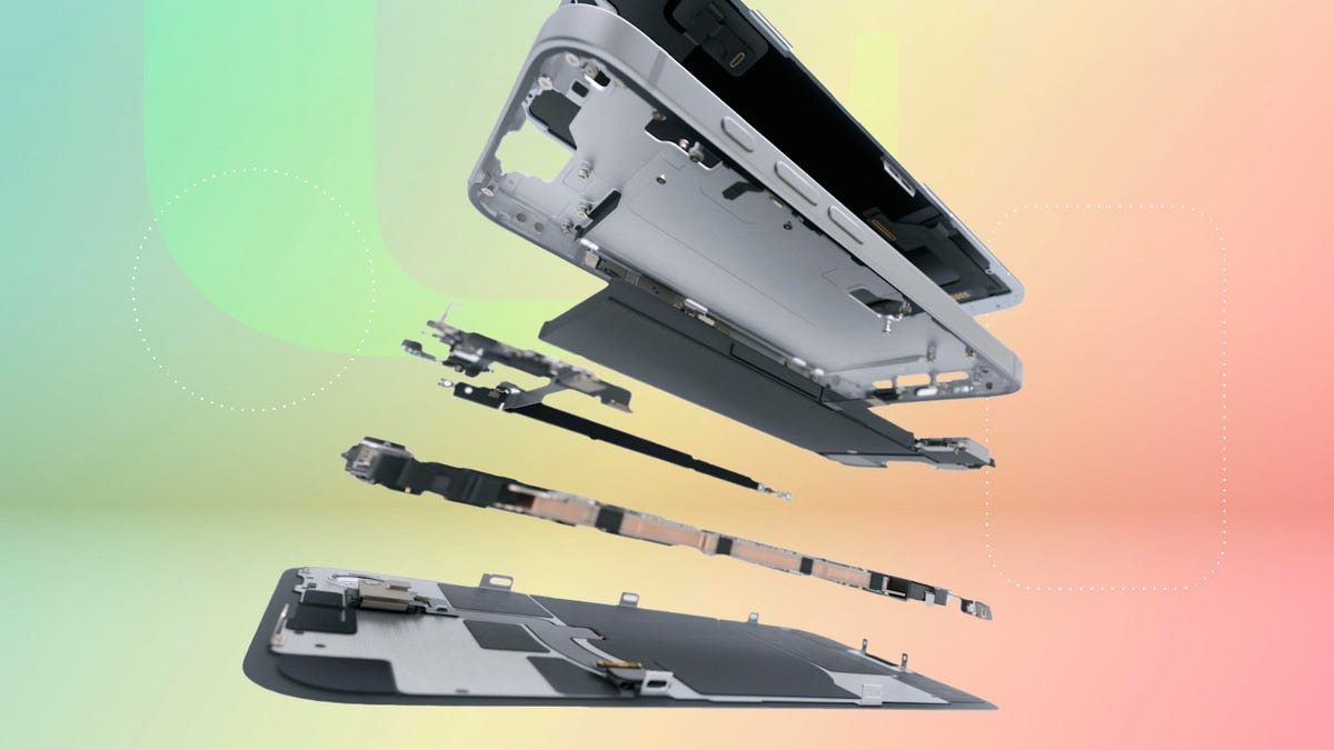 An exploded view of an iPhone 16E
