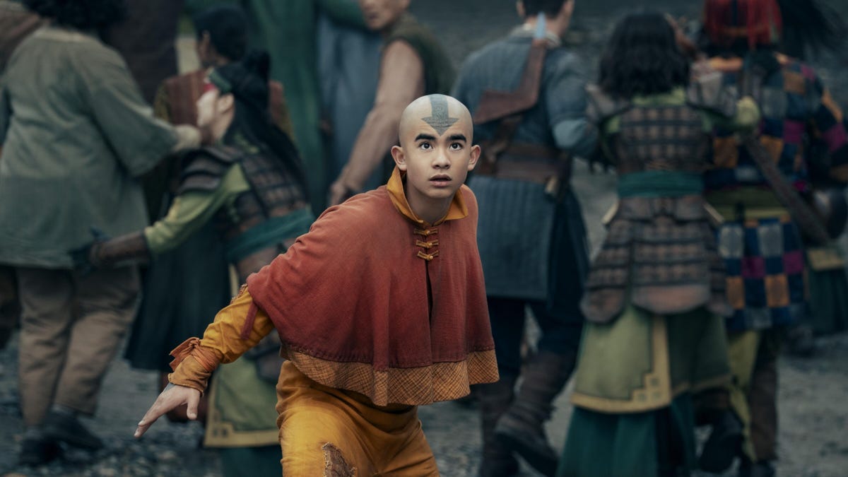 A still of Aang in the live-action Avatar Last Airbender on Netflix