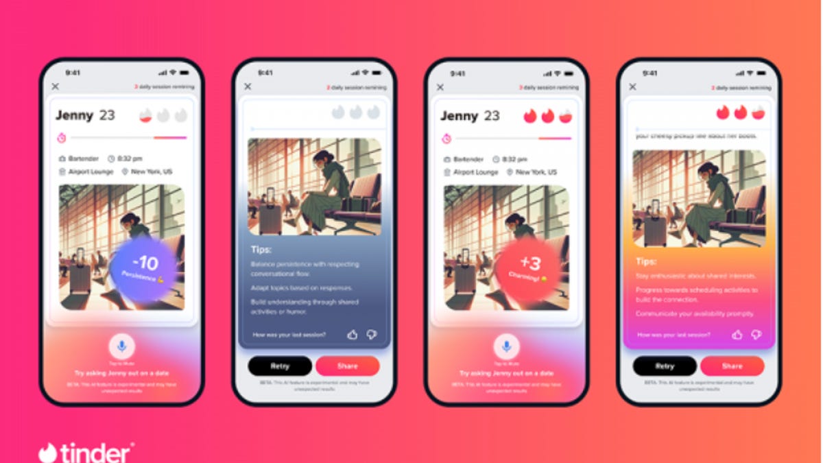 A series of screenshots of Tinder's AI flirting game
