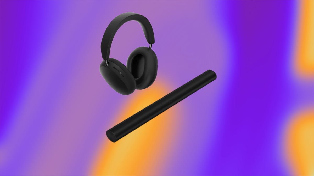 Shows some Sonos headphones and a soundbar on a purple background.