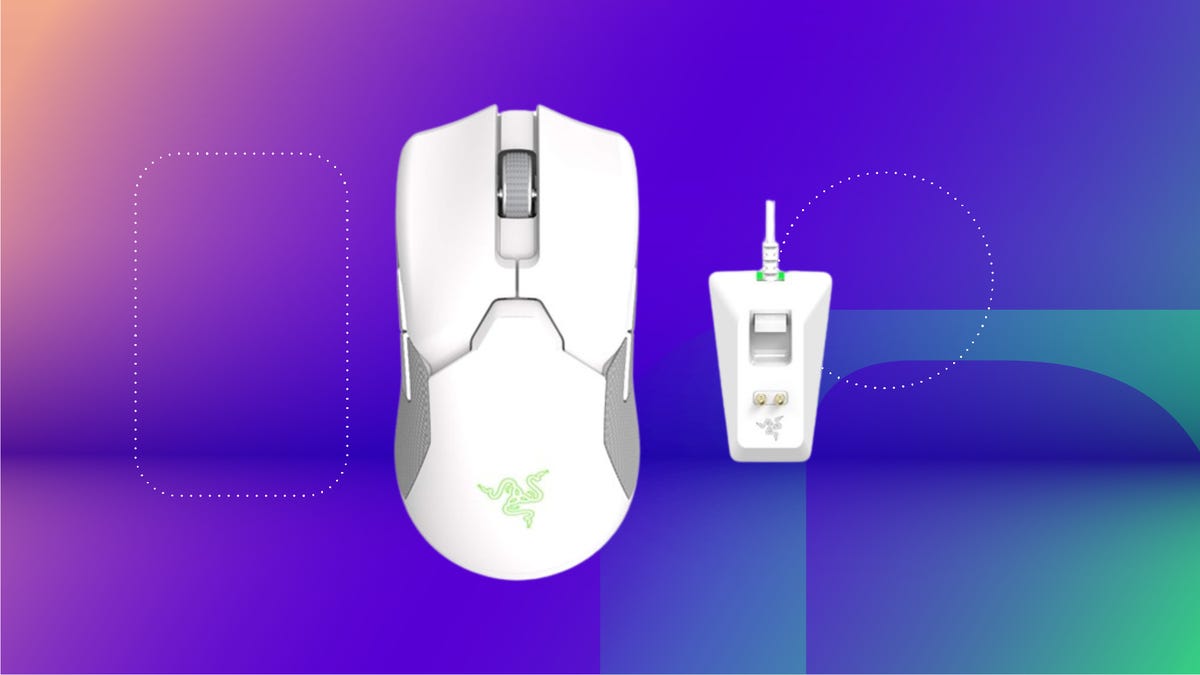 The Razer Viper Ultimate gaming mouse is displayed against a gradient blue, purple and green background.