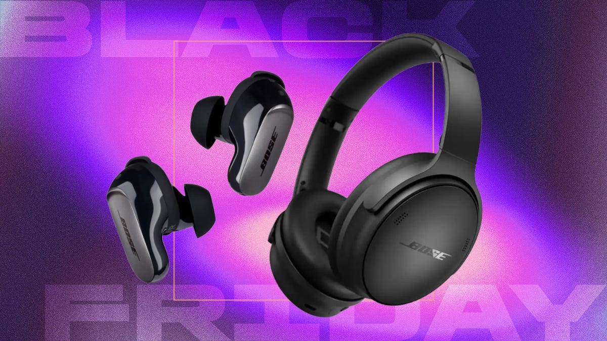 Bose headphones on a purple Black Friday background