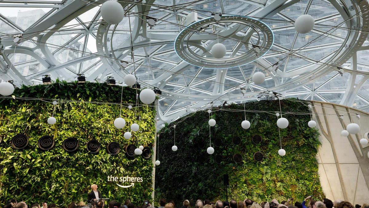 Amazon CEO Jeff Bezos takes the podium at the Spheres opening day in Seattle on Monday.