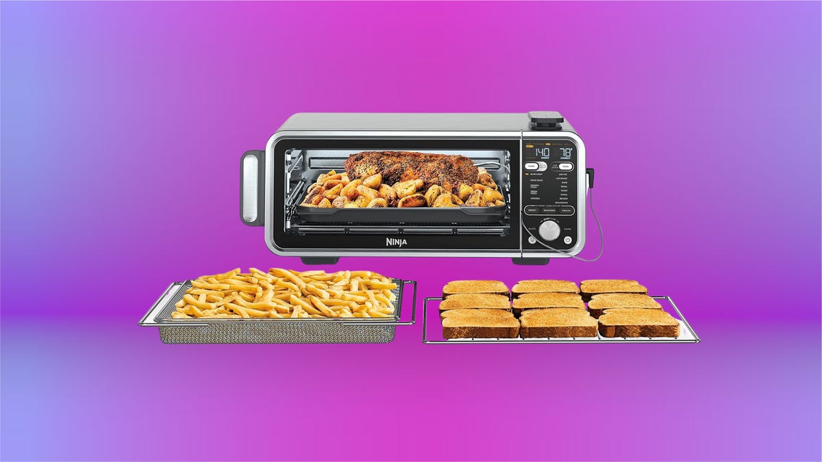 A rectangular silver-and-black countertop oven with a roast and potatoes inside it and a thermometer attached to the side. In front of the oven is a basket of french fries and a tray with nine pieces of toast. This is all set against a pink and purple bac