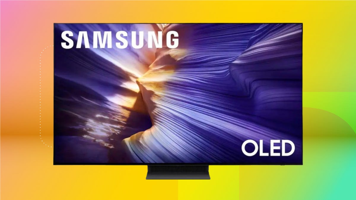 Samsung S90F OLED TV on a colorful background
