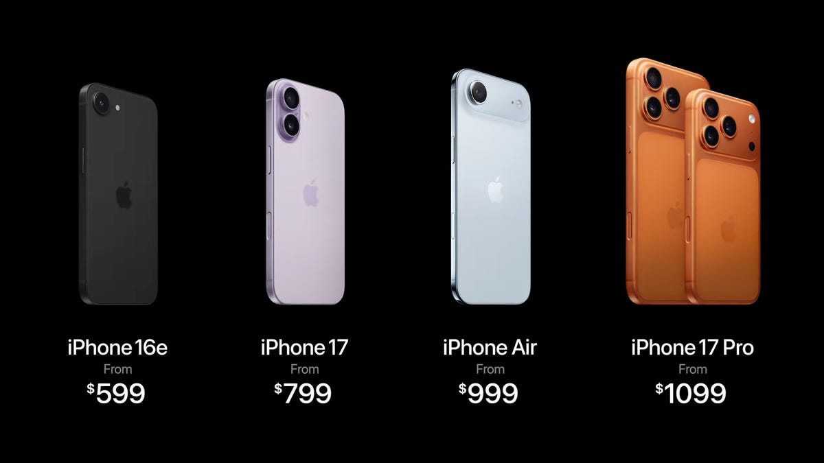 Screenshot showing the iPhone 16E, iPhone 17, iPhone Air and iPhone 17 Pro and their starting prices.