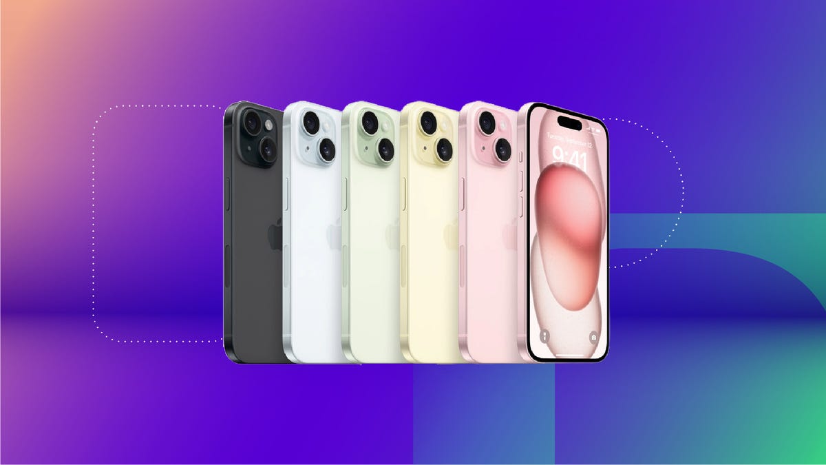 The iPhone 15 in five different colors against an orange, purple and green gradient background.