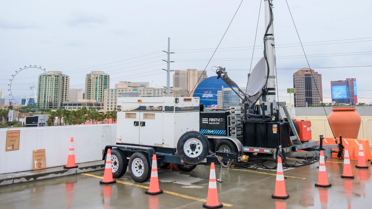 An AT&T portable cellular unit parked on top of a parking garage in Las Vegas, Nevada