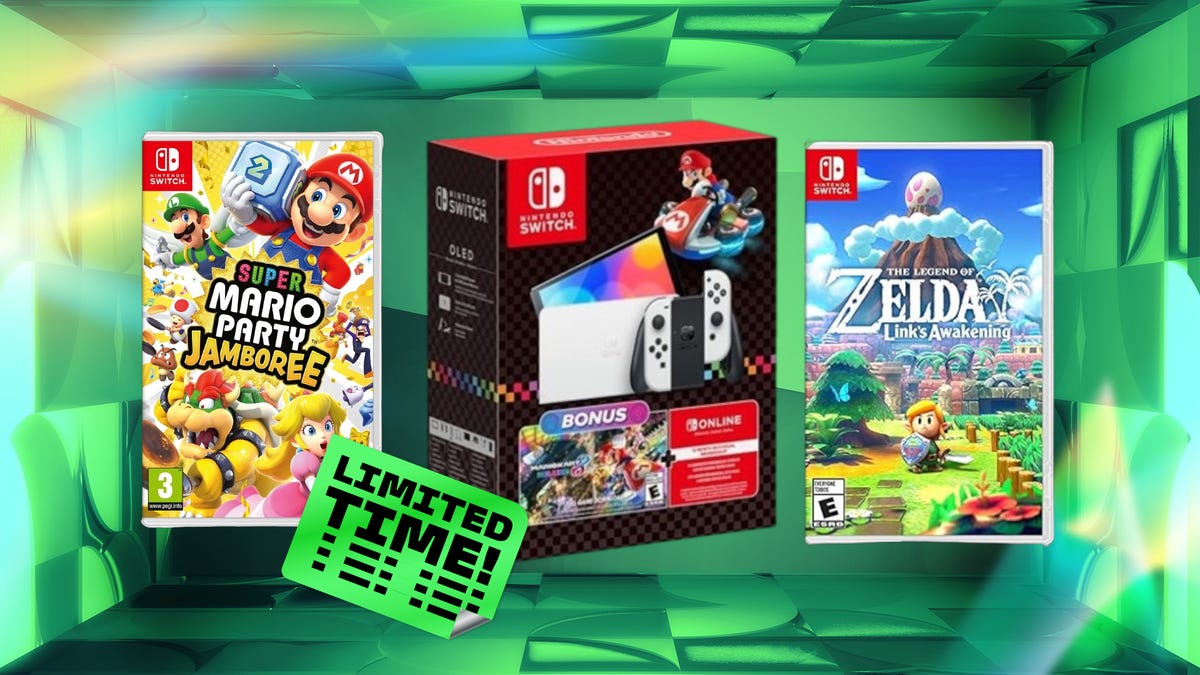 Nintendo Switch, Super Mario Jamboree and Legend of Zelda: Link's Awakening on a green background
