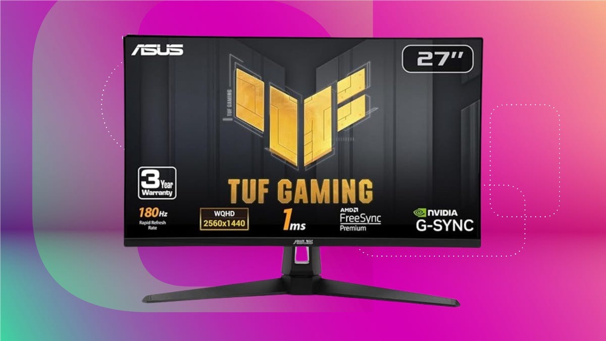 A black monitor displaying the text "TUF GAMING", set against a hot pink background.