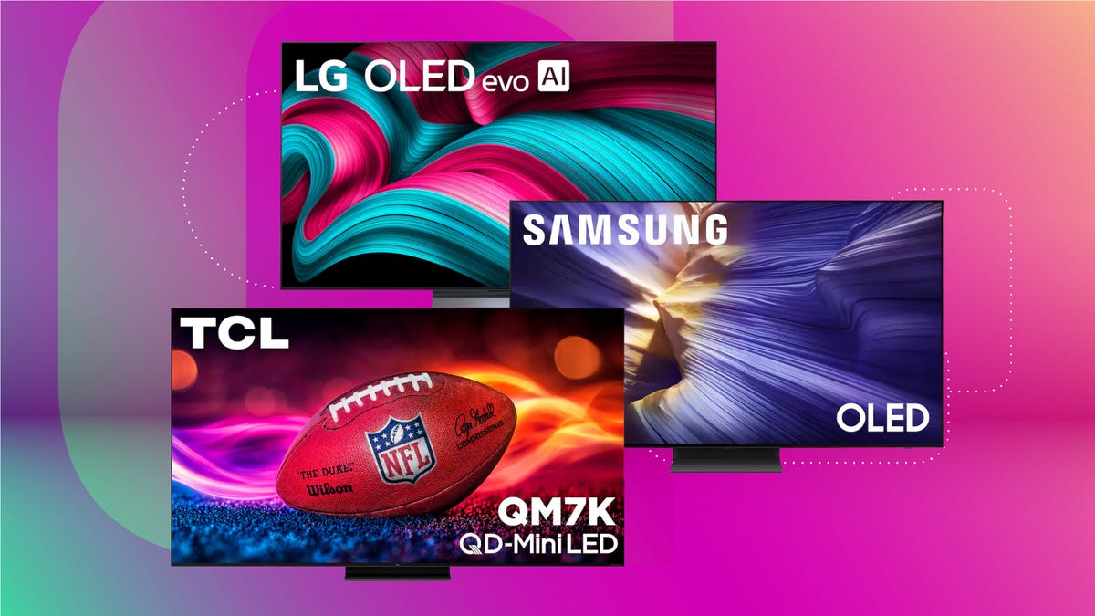 TVs are shown against a gradient pink and purple CNET background.