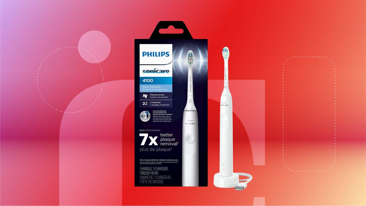 The Philips Sonicare 4100 rechargeable electric toothbrush is displayed against a gradient red background.
