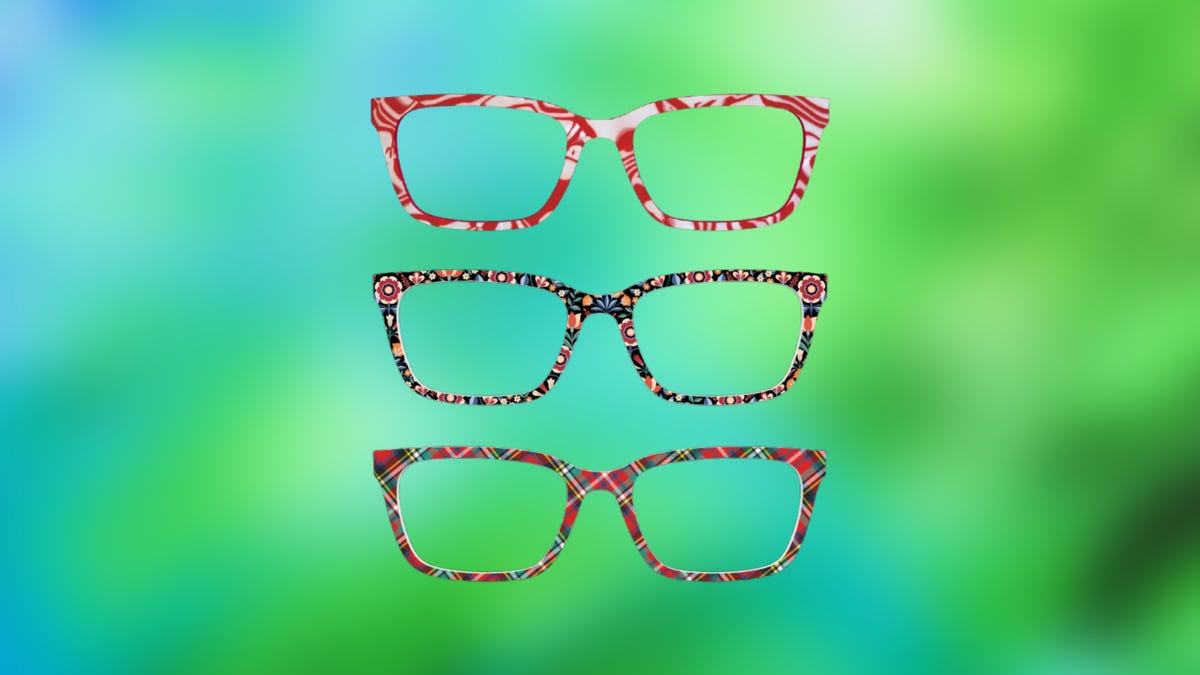 Three festive holiday pattern glasses frames against a gradient green and blue background