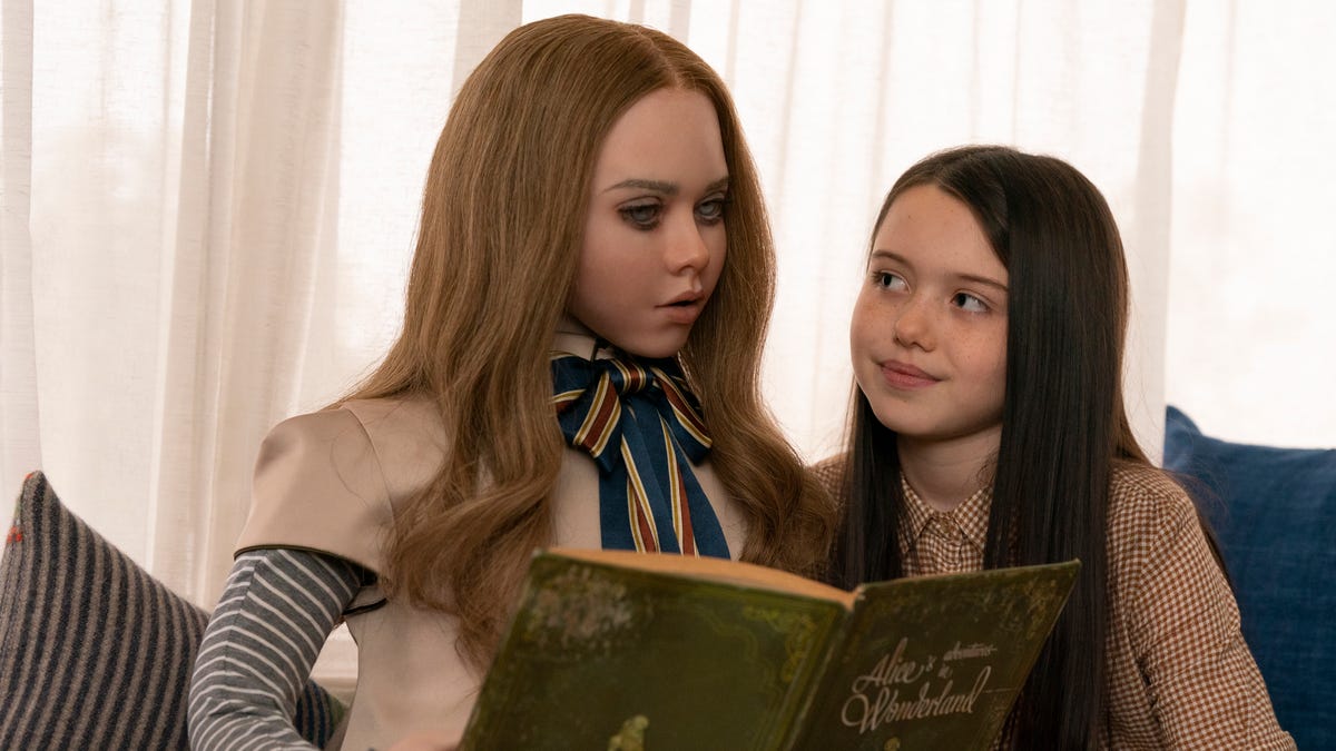 Megan the robot from the movie Megan has big eyes and a very serious expression