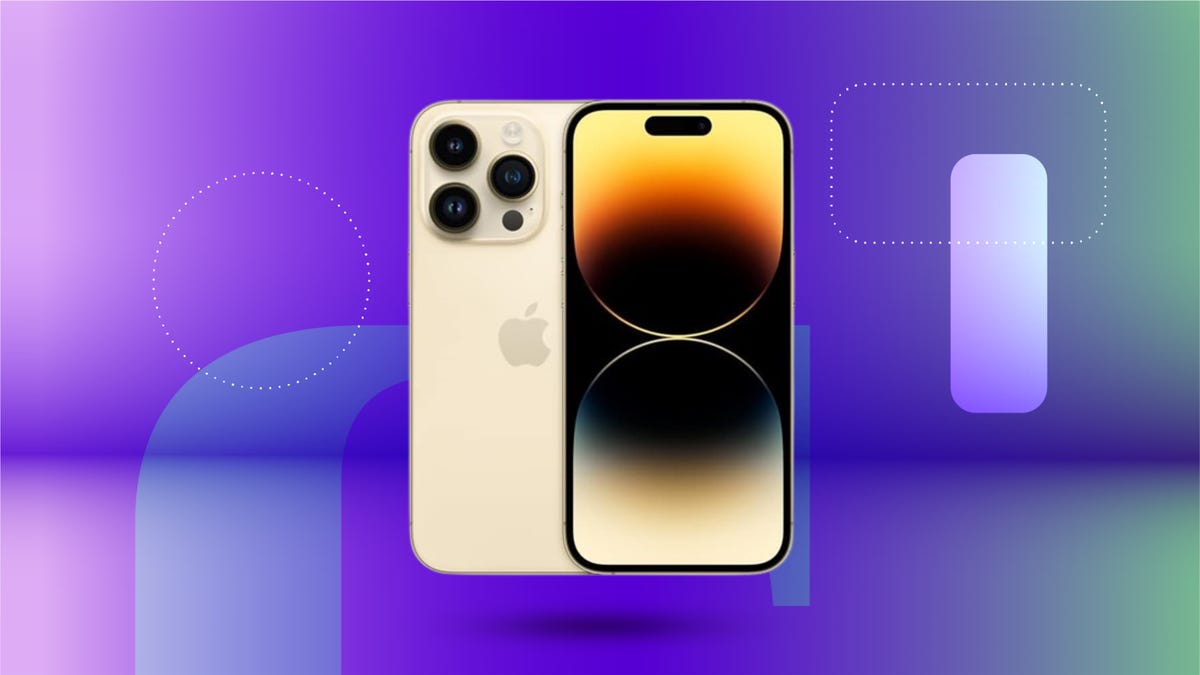 The iPhone 14 Pro is displayed against a gradient blue and purple background.