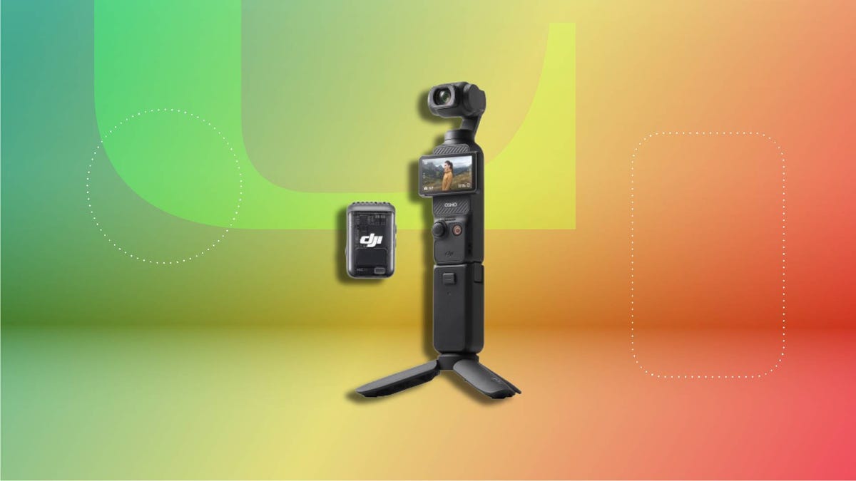 DJI Osmo Pocket camera mounted on tripod, screen showing person in yellow outfit. Positioned beside DJI wireless microphone transmitter. Set against vibrant green-yellow-red gradient background with abstract dotted shapes.
