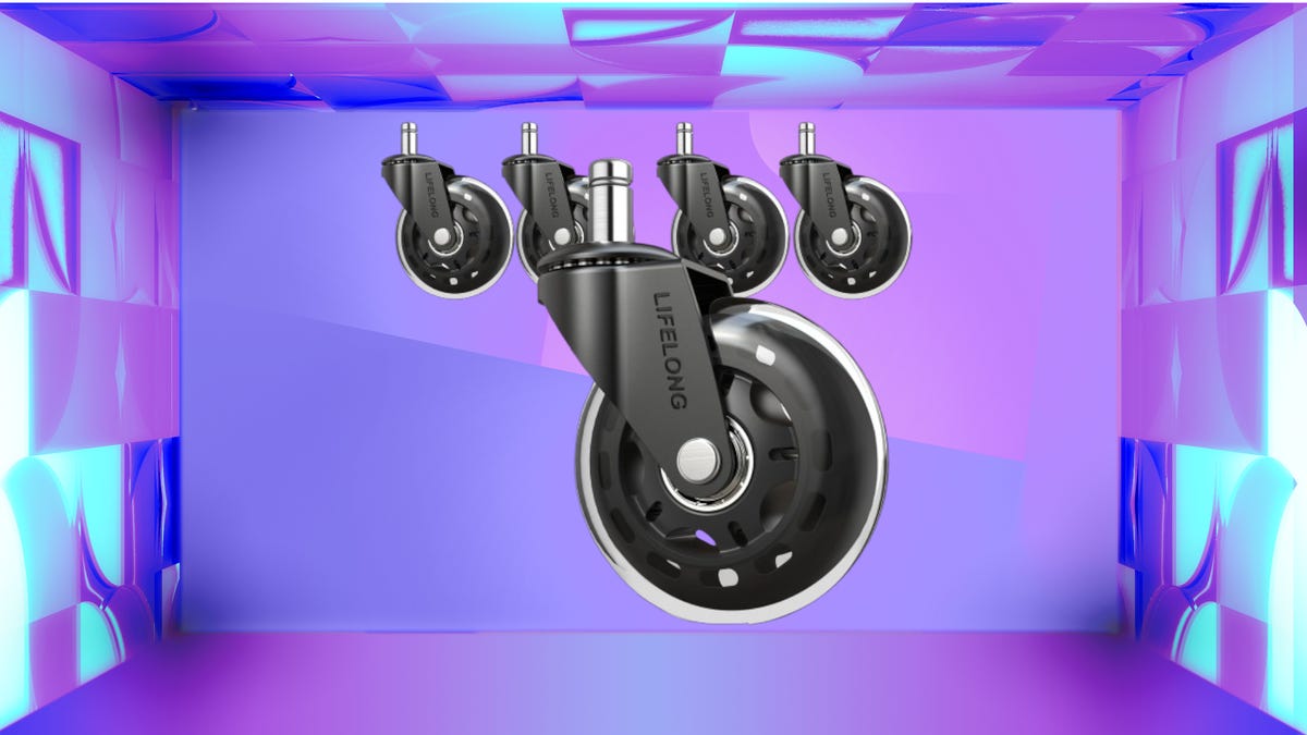 Lifelong office chair replacement wheel against a purple background