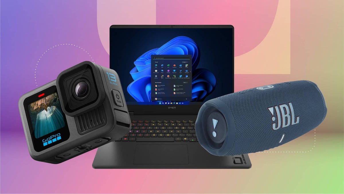 An action camera, gaming laptop and Bluetooth speaker against a pink and green gradient CNET background.
