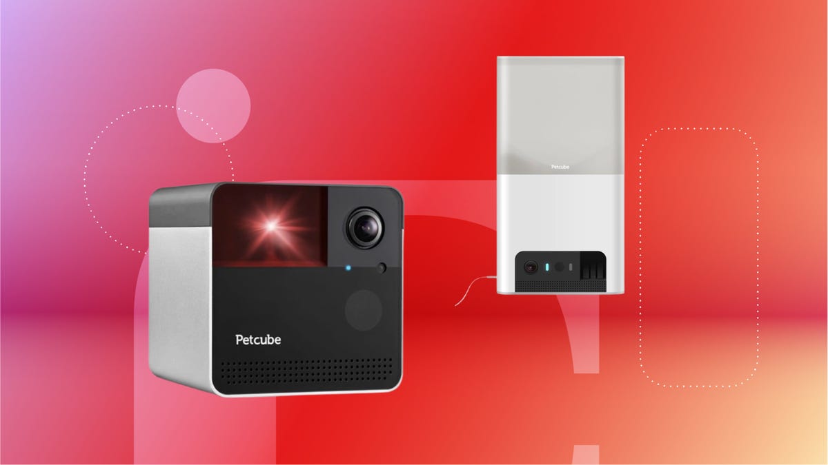 On the left is a black and gray cube with laser. Next to it is a white rectangular smart pet device. Background is a red CNET wallpaper.