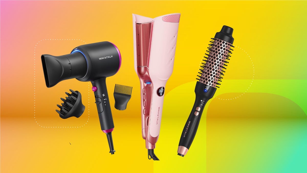 Wavytalk hair styling products on a CNET background