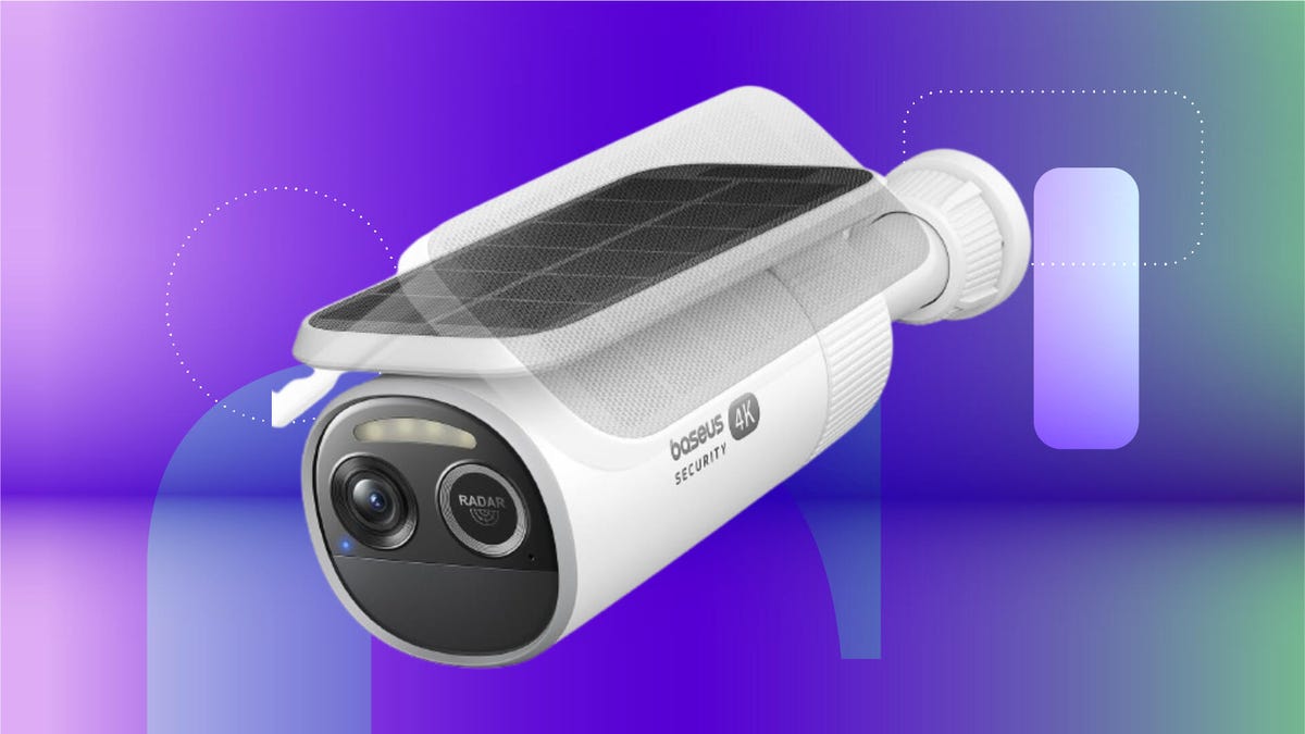 A Baseus S2 cam against a blue CNET background.