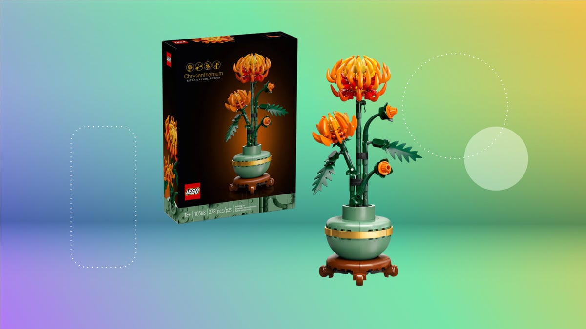 Lego Botanicals Chrysanthemum on rainbow CNET background