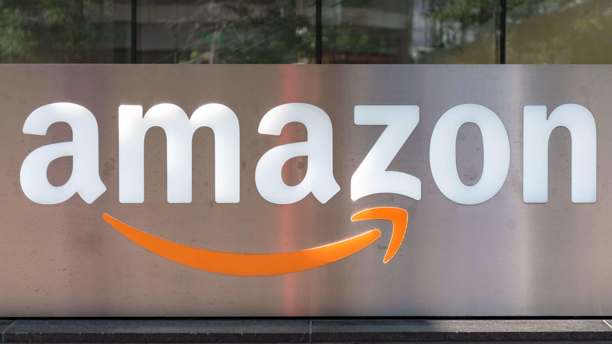 The Amazon logo in a building in the downtown district