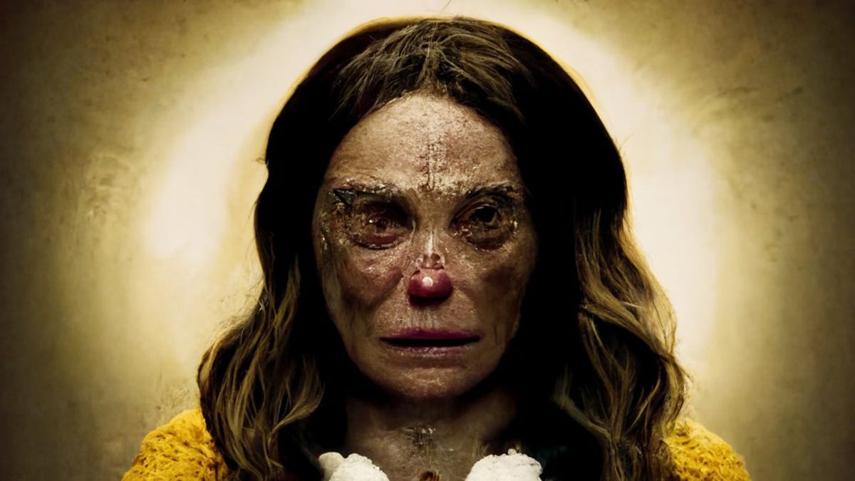 An AI-generated image of a woman with a skull-like face in front of a soft yellow circle