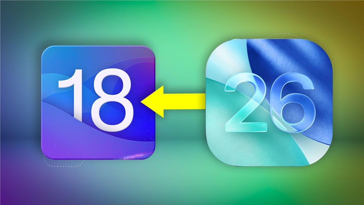 Rounded icons for iOS 18 and iOS 17, with an arrow pointing from the 18 to the 17 to indicate going from one to the other.