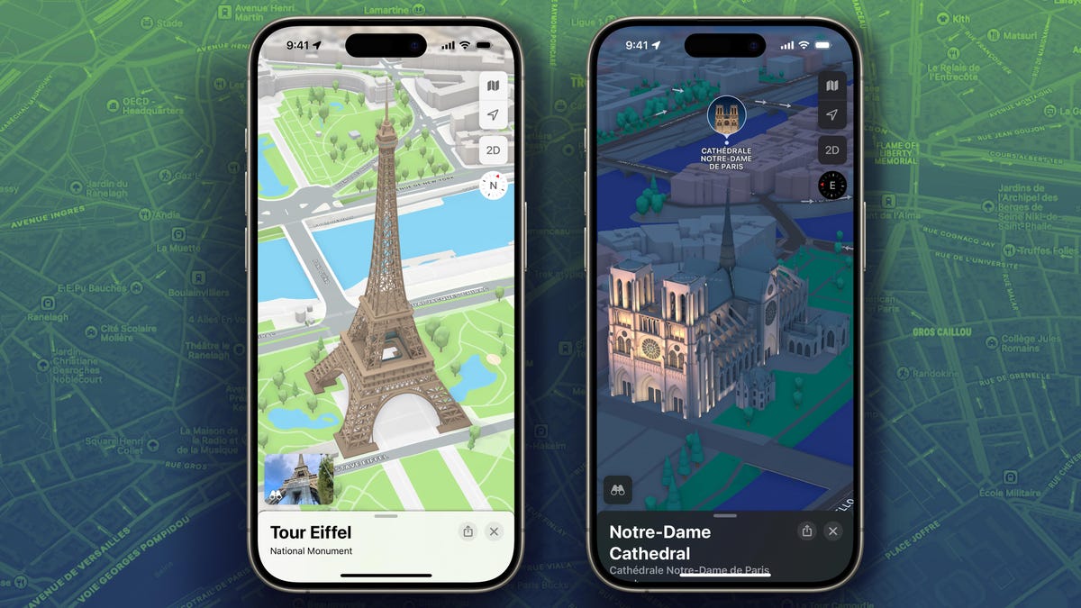 Apple Maps illustrations of the Eiffel Tower and Notre Dame