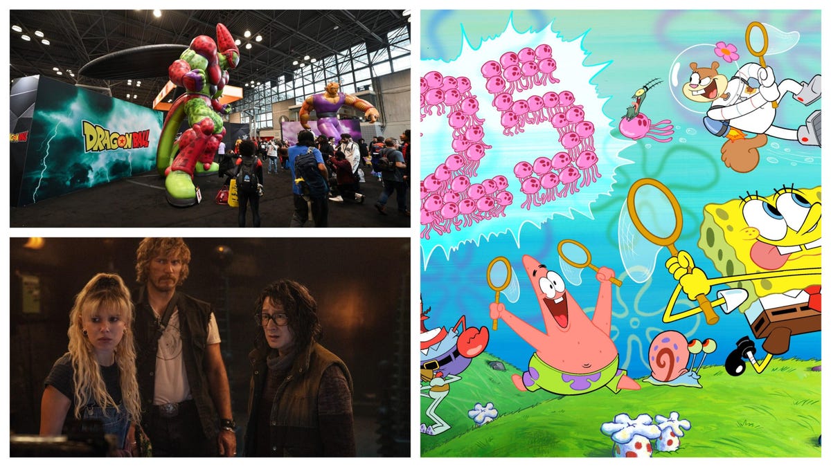 collage of images for Netflix's Electric State, SpongeBob and friends in Bikini Bottom and Dragon Ball display at New York comic con 2023