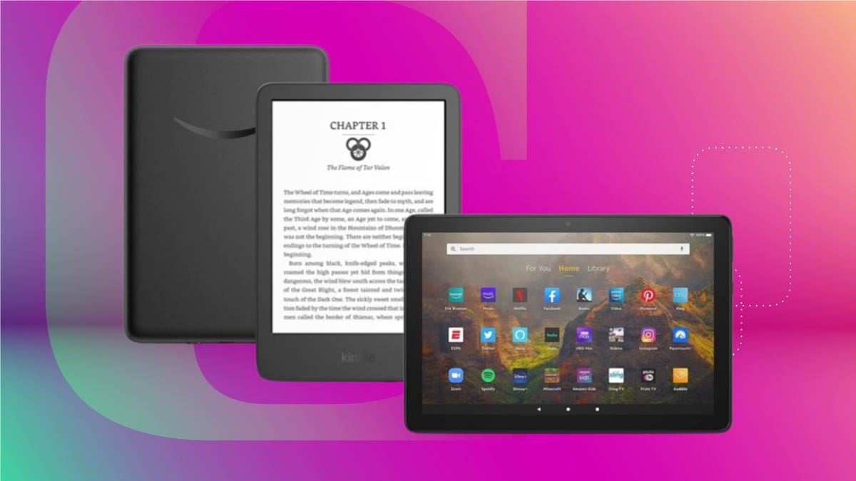 A paperwhite tablet and a Fire tablet are displayed against a gradient fuschia background