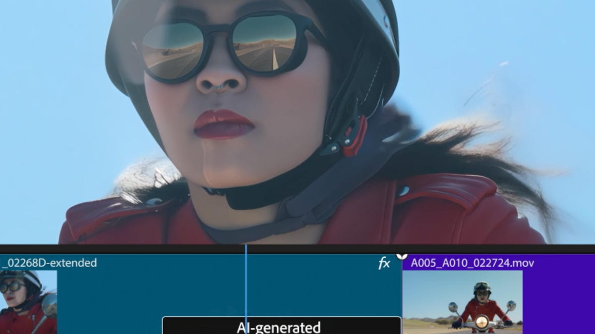 a close up shot of a Premiere Pro timeline showing a woman biking who's AI-generated