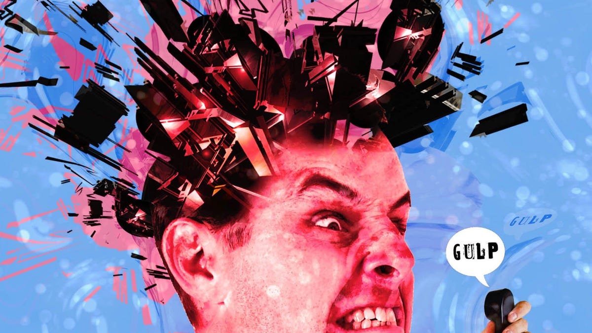 Illustration of a man strangling his phone while his head explodes