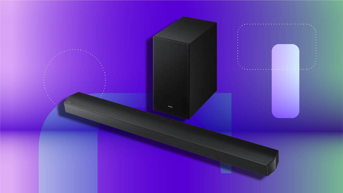 A Samsung soundbar on a CNET background.